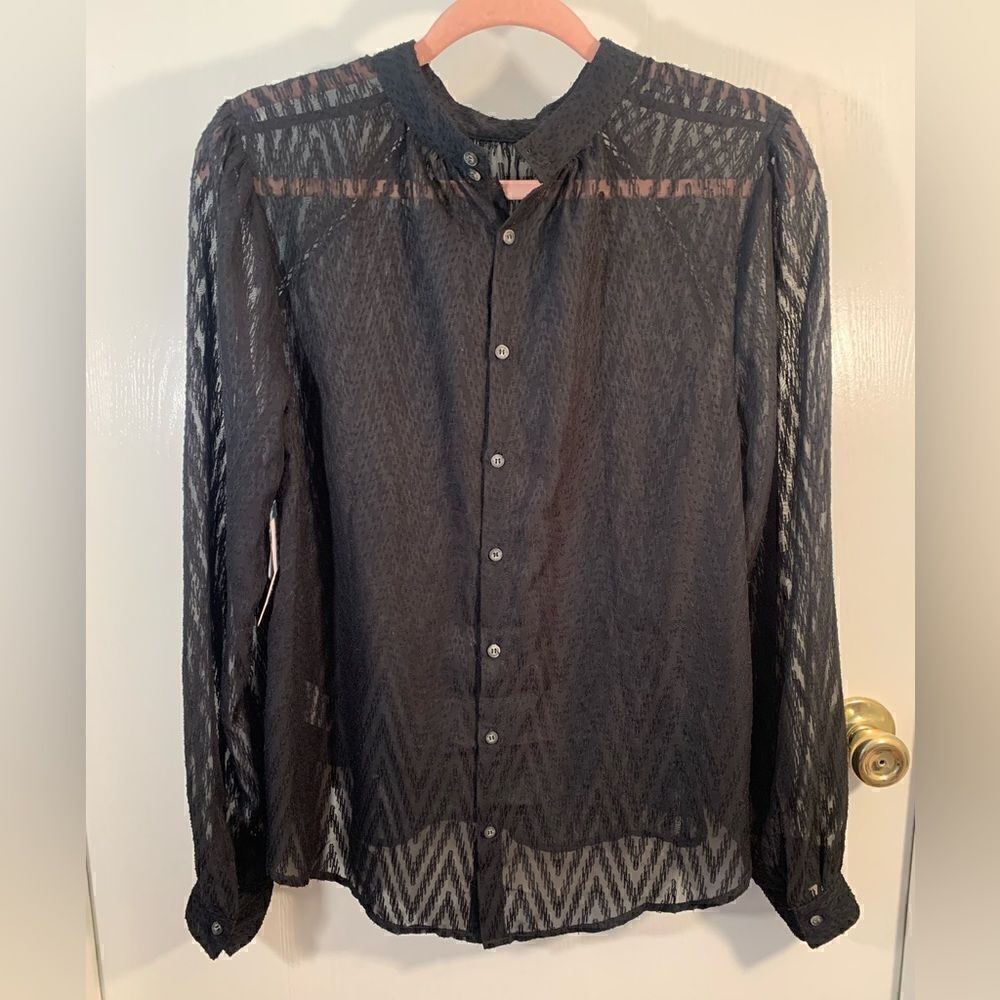 Free People NWT black sheer patterned high neck button down shirt Size m…
